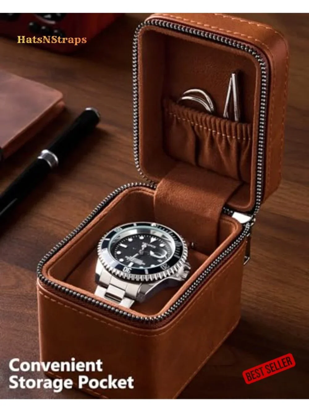 Single Watch Travel Case with Jewelry Compartment - PU Leather